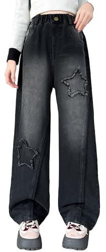 Happy Cherry - Vaqueros Baggy Holgados Niña Jeans Y2K Vintage Verano Pantalones de Mezclilla Algodón Pierna Ancha Infantil 5-14 Años con Cintura Elástica Chica Pantalón de Denim - 140-146 - Negro
