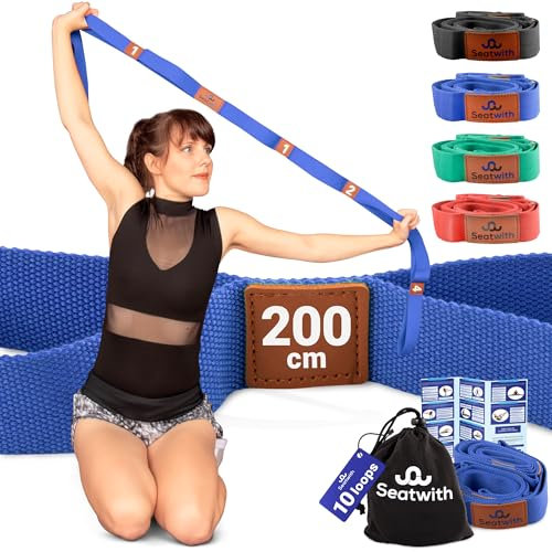 Seatwith Yoga Gurt mit 10 Schlaufen | Yoga Band 200x4cm | Dehnungsband für beste Dehnen | Stretching Band | Yogagurt + Tasche & Training PDF