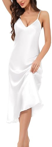 Litherday Women Silk Nightdress Lingerie Long Negligees Satin Chemise Nighty Nightwear Nightgown Full Slips Babydoll Sleepwear Strap Dress(White,S