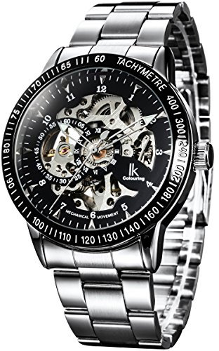 Alienwork IK Automatikuhr Armbanduhr Herren Damen Silber Edelstahl Metallarmband Schwarz Skelett Glasboden