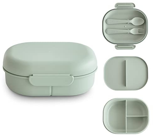 mushie Lunchbox Kinder Brotdose Vesperdose für Kindergarten und Schule | Trennwand & Fächern mit verschließbaren Deckel | Mit Besteck Gabel und Löffel (Sage)