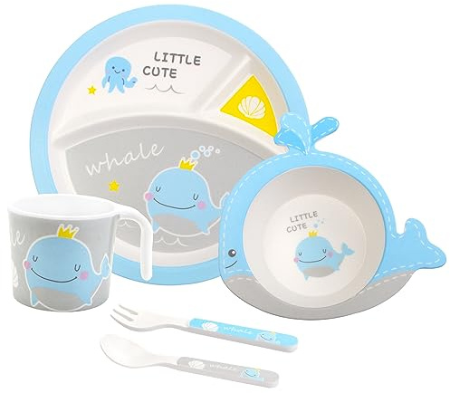 Set di stoviglie per bambini, set di 5 stoviglie per bambini, con piatti per bambini, ciotola, bicchiere, cucchiaio, forchetta, stoviglie in melamina, lavabili in lavastoviglie, senza BPA (hale)