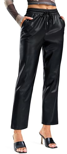 SANTINY Women's Faux Leather Pants High Waisted Straight Leg Cropped Ankle Trousers Vegan Matte Pleather Pants for Women Full Length(Black_L)