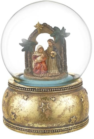 Baroni Home Palla di Neve in Vetro, Resina e Acciaio, Globo di Neve di Natale Raffigurante Natività, Elegante Decorazione Natalizia, Diamtro ⌀ 10 cm, Nativita' Carillon