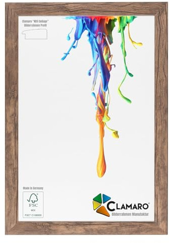 CLAMARO Neo Collage Cornice su misura 28x38 realizzata a mano | Rovere Scuro | Design in legno MDF, cornice in legno con vetro acrilico e supporto metallico (formato orizzontale e verticale)