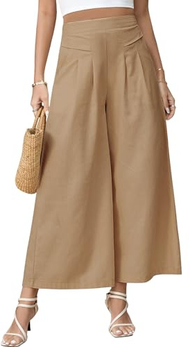 PASUDA Pantaloni Donna Pantaloni in Lino Estivi 7/8 Pantalone Gamba Larga Leggeri Larghi Pantaloni Elastici in Vita con Tasche Tinta Unita Casual Pantaloni Donna Comodi (Cachi, S)