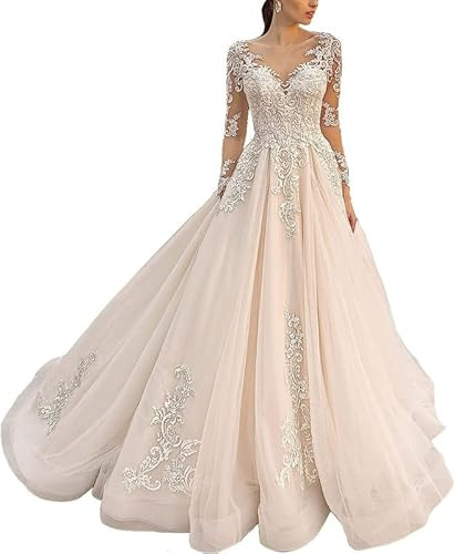 TAIGUHUI Pizzo Abito da Sposa Lungo Abito da Sposa Principessa Abito da Ballo Manica Lunga Abiti da Sposa con Treno, Avorio, 50