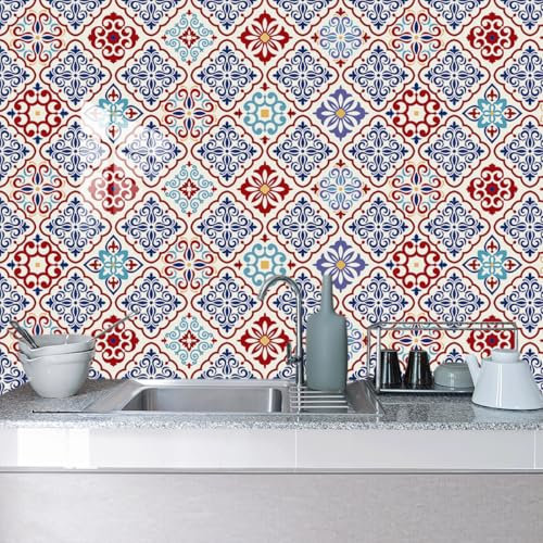 Kitchen Tile Stickers 20x20cm Red Blue Stick on Tiles Tile Stickers for Bathroom Stick on Wall Tiles Backsplash for Kitchen Stick on Tiles Self-Adhesive Vinyl Home Decoration （10 Pieces）