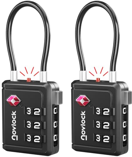 NOVLOCK TSA Approved Luggage Locks with Inspection Indicator – Travel Padlocks with Flexible Cable for Suitcases, Backpacks, Carry-On Bags & More – Suitcase Locks, 2-Pack, Black