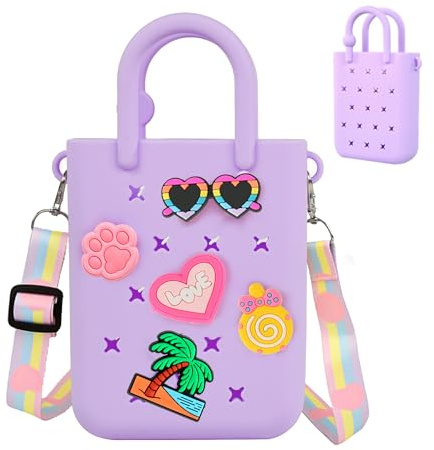 Mini Rubber Tote Bag, EVA Waterproof Beach Tote for Little Girls And Woman, Silicone Hole Small Bag for Travel Outdoor, Cute Rubber Beach Bag with 20 Charms & Adjustable Shoulder Strap