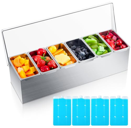 Boao 6 Slot Ice Chilled Stainless Steel Condiment Caddy with 4 Ice Packs