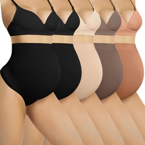 Diawsome Maternity Thongs Over Bump 5 Pack, Seamless Pregnancy Knickers for Women, High Waist Belly Support Underwear with Soft Cotton Gusset
