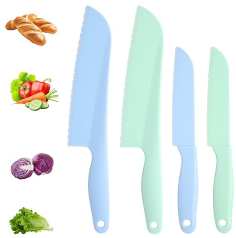4 Pack Lettuce Knife 11/8.5 Plastic Cake Knifes to Prevent Browning Serrated Kitchen Cutter for Cutting Fruits, Cakes and Bread Dishwashable Safe for Kids Nylon Cutters for Nonstick Pans (Green, S&L)