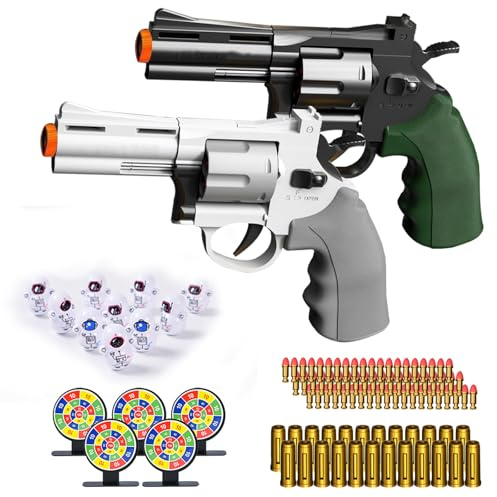 2Pcs Soft Bullet Gun Toy - Revolver -Automatic Pull Back Action Semi-Automatic Handgun with Shell Ejection and Auto Rebound, for Children Age 3-8+