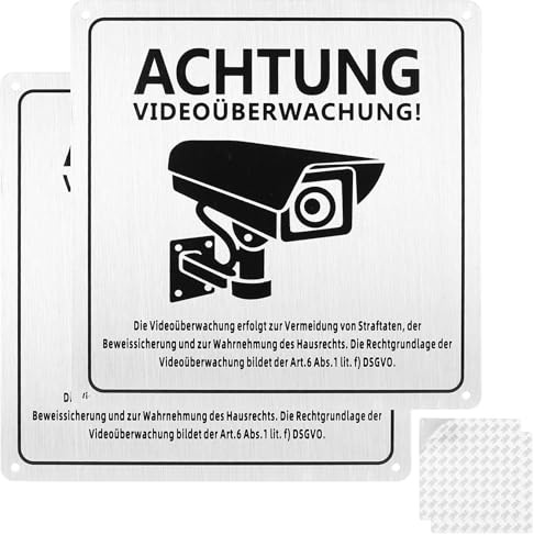 Lot de 2 panneaux de vidéosurveillance - 15 x 15 cm - Panneau d'avertissement - Panneau d'information - Pour surveillance de propriété privée - En aluminium - 15 x 15 cm