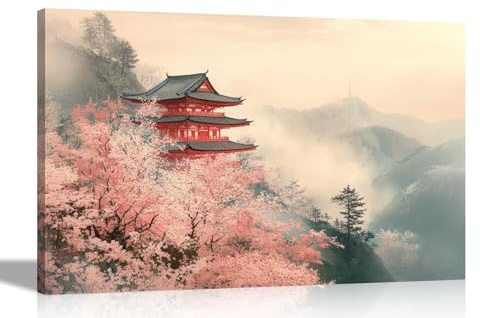 Artley Prints - Japanese Temple Misty Mountain Pink Trees Canvas Wall Art Prints Landscape Pictures for Living Room Home Decor Extra Large 101 x 76cm (40 x 30 inches)