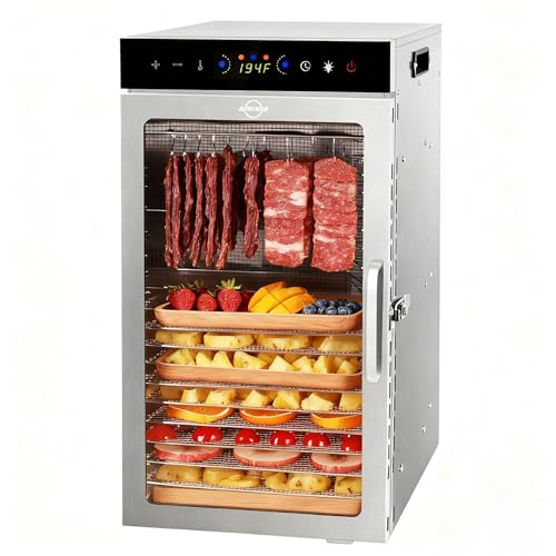 Food Dehydrator Machine 18Tray, 800W Dual Fan Dehydrator Fast Drying, 24H Timer, 86-194℉ Temperature Control, Noise < 45dB, LED Panel, Stainless Steel Dryer for Food and Herbs, Jerky Meat Fruit