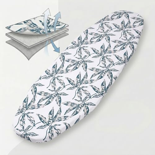 Umiin Funda tabla de planchar grande 165 x 65 cm - Cubierta Extra Gruesa 6mm de Algodón y Fieltro con Diseño de Hojas - Ajustable con Elástico 3 Velcros y Gancho S - Acolchado de Alta Gama Antienredos