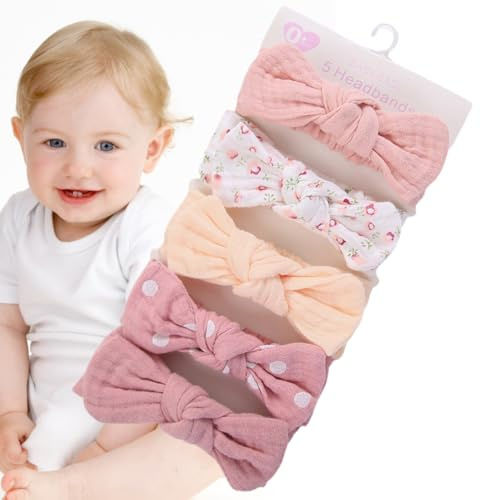 Huvudbågar för små flickor, huvudbågar för små flickor Set med 5 stretchiga | Little Bows Pannband Stretchig mjuk elastisk huvudinpackning Håraccessoarer Tiny Young Child K