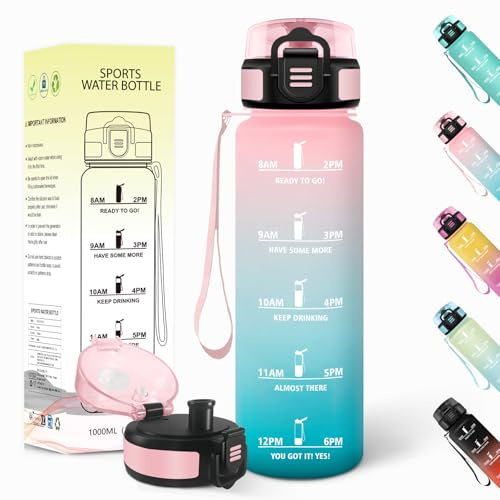 Baramumu Gourde 1l, Anti-Fuite, Gourde Sport, Réutilisable, Bouteille d'eau, avec Marqueur de Temps, Bouteille, Sans BPA, pour Yoga, Randonnée, Fitness, Sport, Rose-Vert