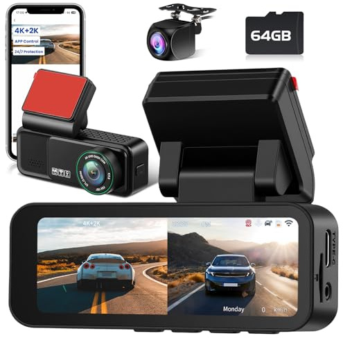Hikity 2-kanals Dashcam, Dashcam 4K wifi ombord bil fram och 2K, med ADAS/GPS/G-Sensor/Loop inspelning/nattsyn/24 timmars övervakning parkering/64G-kort
