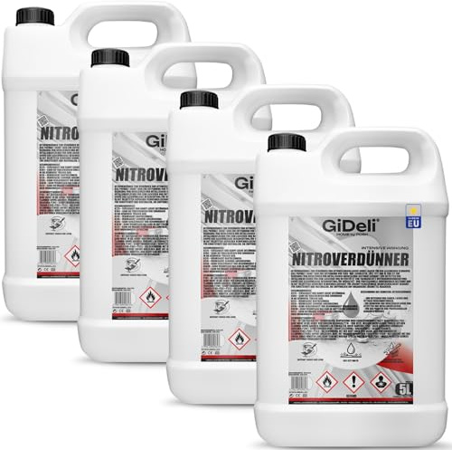 GiDeli Nitroverdünner 4 x 5L - Leistungsstarke Universeller Nitroverdünnung zum Reinigen von Pinseln und Malwerkzeugen - für Farben und Lacke - für Werkstatt- und Renovierungsarbeiten
