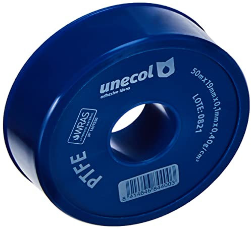 Unecol 8440 – Ruban en PTFE (Téflon), rouleau de 50 m x 19 mm x 0,1 mm, 0,40 g/cm³ Blanc