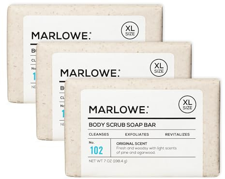 MARLOWE. No. 102 Body Scrub Soap 7 oz (3 Bars), Exfoliating Soap Bar with Shea Butter, Olive Oil & Green Tea Extracts, Cleanses, Smooths & Revitalizes Skin, Original Sage & Fir Scent