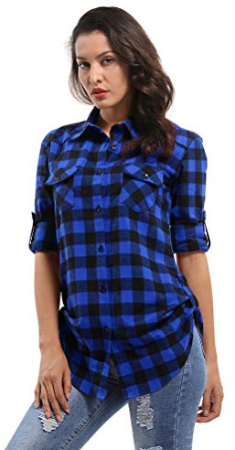 Aeslech Camicia da donna in flanella scozzese con bottoni e bottoni, casual, a maniche lunghe, con motivo tartan, D005, XS
