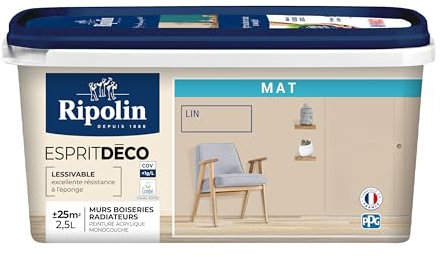 RIPOLIN - Peinture Intérieure Multi-Supports – Murs, Boiseries & Radiateurs – Ultra Couvrante – Lessivable – Application Facile – Ecolabel - Aspect Mat - 2,5L - Lin