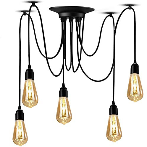 YNXing Edison - Lampadario a sospensione regolabile, colore nero, 1/3/5/6 testa (5 supporti per lampadine)