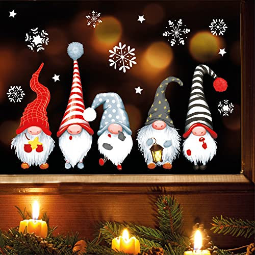 Wandtattoo Loft Immagini per finestre di Natale con 5 gnomi e fiocchi di neve – Riutilizzabili – A4 Fogli 38 adesivi – Decorazione natalizia per finestra della cameretta dei bambini – Immagini di