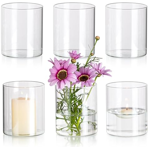 Glasseam Cylinder Vases for Centerpieces, Set of 6 Clear Glass Vases for Flowers, Modern Small Floating Candle Vase Decor, Decorative Hurricane Candle Holders for Home Wedding Table Decorations, 4in
