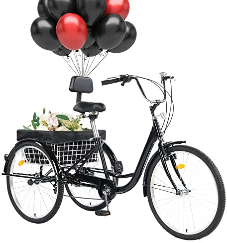 EVGTTI 24/26 Adult Tricycle 7 Speed, 3 Wheel Mountain Trikes, Three Wheeled Bikes with Basket & Backrest Seat for Seniors, Women, Men, Multiple Colors