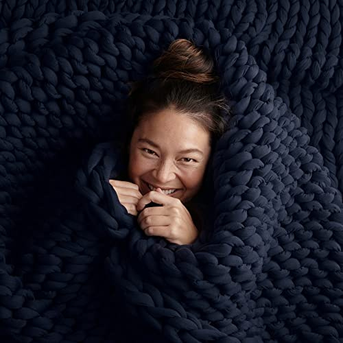 Bearaby Cotton Hand-Knit Weighted Blankets for Adults - Chunky Knit Blanket - Sustainable, Breathable, Organic, Cooling Weighted Blanket - Machine Washable (Midnight Blue, 20 lbs, 45x72)