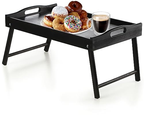 KADAX Table de lit, plateau de petit-déjeuner en bois de pin, 19 x 30 x 50 cm, plateau de service, plateau de lit pliable, plateau pour petit-déjeuner au lit, table d'appoint (noir)