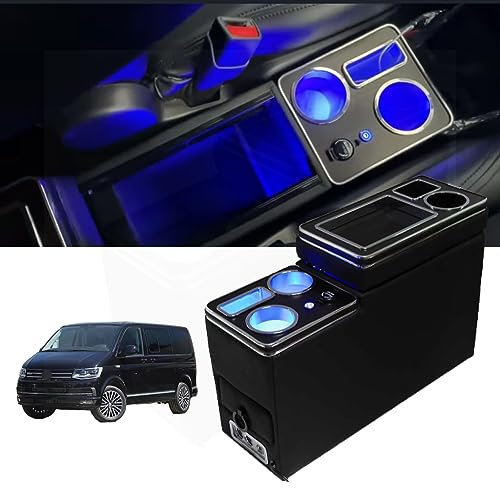 QSULNN Upgrade Mittelkonsole mit Ablagen Staufach kompatibel mit VW T4 T5 T6 T6.1 T7 2003-2019, Schwarz Glanz Leder Zubehör mit USB- und LED-Leuchten