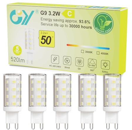 GY Bombilla G9 LED, 3.2W(Equivalente a 50W) 520 Lúmenes Blanco Neutro 4000K, Bombilla LED G9 (18mm * 57mm) Ángulo Haz de 360º Sin Rincones Oscuros, No Regulable(5 Unidad)