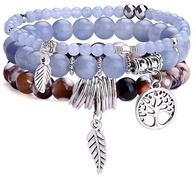 Dochais 3 Stück Boho Armbänder Damen, Yoga Armband Damen Chakra, Verstellbares Bohemian Armband, Boho Schmuck Bracelet, Rosenquarz Turmalin Edelstein Armband Set Für Damen (3 Stück, Stil 2)