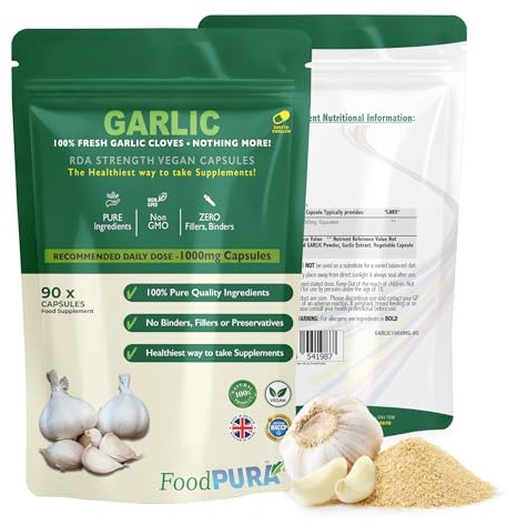 FoodPURA 90 X Pure Garlic Capsules Recommended Daily Strength 1000mg - Capsules are The SAFEST Way to take Any Supplement! HACCP Certified, Manufactured in The UK.