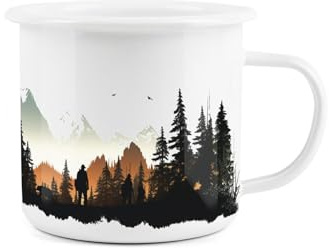 Mountains Scenic Silhouette Enamel Mug - Camping Gift Durable Hot Drinks White Outdoor Cup - Travel Picnics Home Hiking