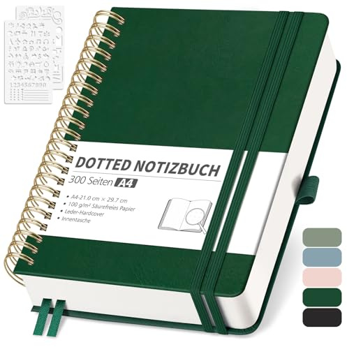RETTACY Anteckningsbok A4 rutig, bullet journal med 100 g/m² tjockt papper, 150 ark, collegeblock för kontor och skola, läderfodral, mörkgrön, 21 cm x 29,7 cm