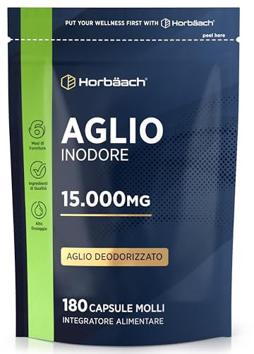 Aglio Capsule Inodore 15000mg | 180 Capsule Molli per 6 Mesi | Estratto di Aglio Deodorizzato ad Alto Dosaggio | Ricavato da Allium Sativum | Odorless Garlic Softgels | by Horbaach