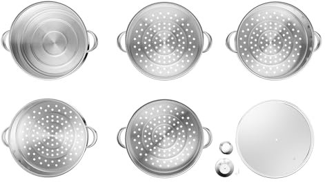 SZPLLZY 28 cm Dampfgarer, 5-stufiges Dampfgarer-Topfset, Edelstahl-Dampfgarer, Dampftopf, Dampfgarer mit belüfteten Glasdeckeln, Doppelgriffen, Dampfgarer zum Dämpfen und Kochen