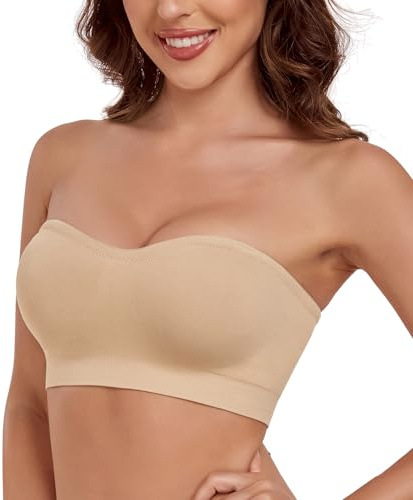 Lemorosy Sujetador Sin Tirantes Bandeau Top Tubo Sin Aros con Relleno Extraíble (Beige,L)