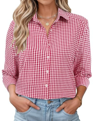 LOMON Womens Long Sleeves Autumn Tops Linen Shirts Oversized Button Up Cotton Blouses Red and White Plaid M