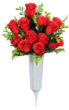 szvbofueck Künstliche Friedhofsblumen für Grab Rosen, Grabblumen Grabvasen, Friedhofsblumenarrangements Rot und Weiß und Sky und Blau und Pink für den Friedhof im Freien Grabsteine Friedhof ﻿ ﻿ (Rot)