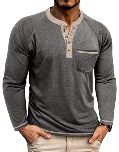 LAOARA T Shirt à Manches Longues Homme Henley Tee Shirt Ouvert Col Boutonné M-3XL