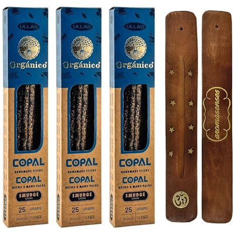 Aromasenses – förpackning med 3 lådor ekologiska rökelser Ullas Copal + 1 aromsenses rökelsehållare | 100 % naturligt och ekologiskt rökelse | Aromaterapi med naturliga örter | 25 g x 3 = 45