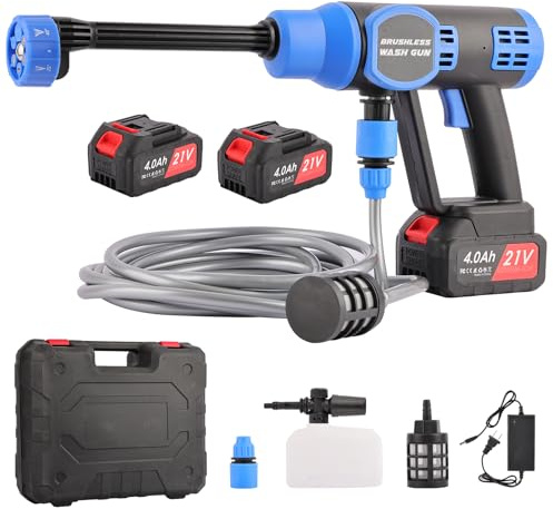 Idropulitrice a Batteria 80Bar, Idropulitrice Portatile con Motore Brushless, Ugello 6 in 1, 2 Batterie 4.0Ah, Tubo 5M, Serbatoio Schiuma – Per Auto, Giardino, Pavimenti e Esterni
